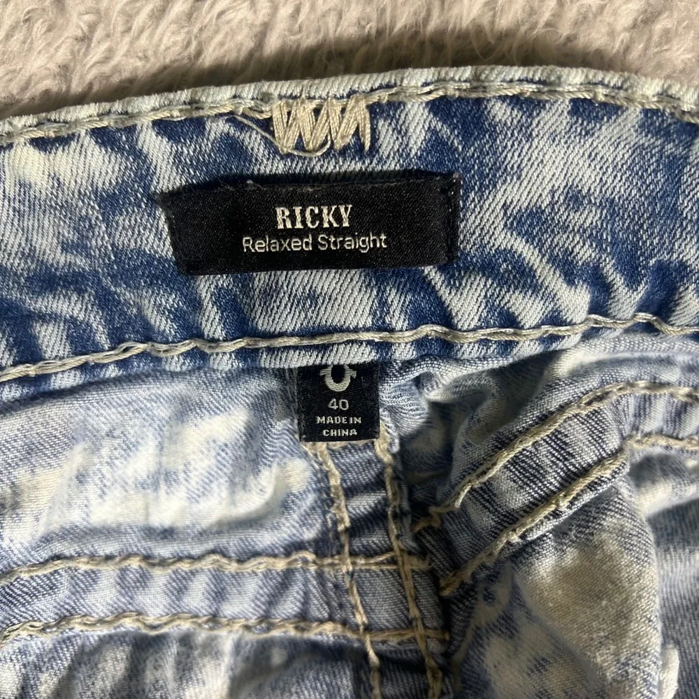 True Religion Ricky Relaxed Straight Acid Wash Jeans Mens 40 Light Blue Denim